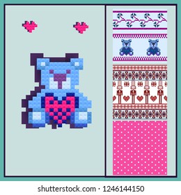 Pixel blue teddy bear from plastic parts with heart and polka dot,  winter pixel motives seamless backgrounds. pink and blue colors. Ideal for Valentines Days greeting card