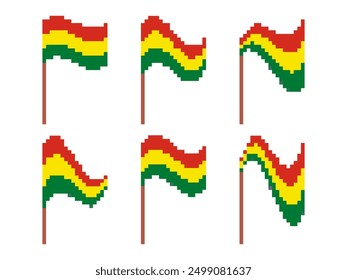 Conjunto de iconos de bandera de Bolivia de píxeles aislados sobre fondo blanco. Ondeando la bandera de Bolivia en estilo gráfico retro de 8 bits de los años 80. Diseño en estilo pixel art para Anuncios y pósters. Ilustración vectorial