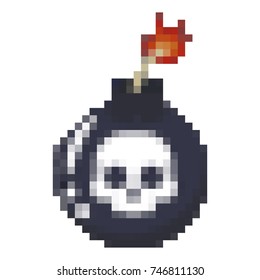Pixel bomb with skull. 8 bit vector game icon isolated on white background.