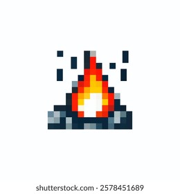 Pixel bonfire icon vector. Vector icon of flame on fireplace in pixel style. Bonfire in 8 bit style for games. Pixel fire. Bonfire vector. Vector illustration.