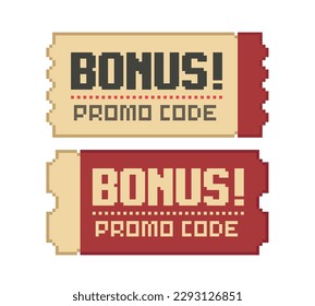 Pixel Bonus Ticket. Vector ticket in 8-bit retro game style isolated on whithe backgound. Bonus coupon ticket. Geek style coupon isolated on white