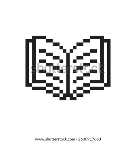 Pixel book icon. Blocky reading symbol. Retro open shape. Vector library graphic.