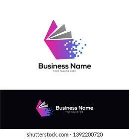 pixel book logo designs, tech book logo template, online education and learning designs concept