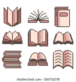 Pixel books for games icons high detailed vector set
