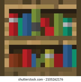 Pixel Bookshelves. Shelf with books in pixel art style. Game concept. Vector illustration. EPS 10