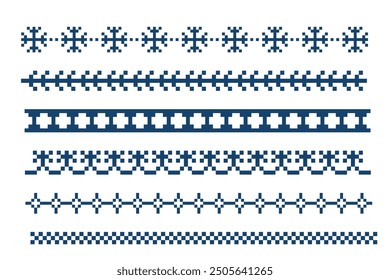 Pixel Border snowflake winter decoration elements. Divider patterns y2k. Simple minimal. Holiday Chirtmas frame.