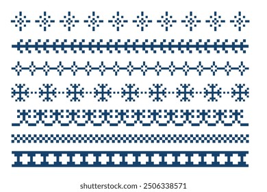 Pixel Border snowflake winter decoration elements. Divider patterns y2k. Simple minimal. Holiday Chirtmas frame.
