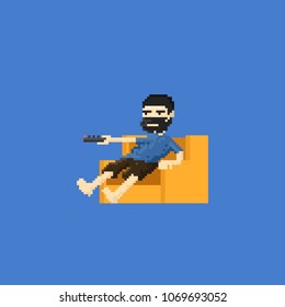 Pixel boring man using his remote.8 bit art vector illustration.