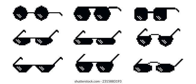 Pixel boss sunglasses, 8 bit sunglass design. Isolated gangster meme logos, retro game spectacles icons. Comic joke decent vector digital elements