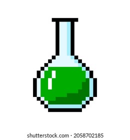 Pixelflasche mit Hexentränke. Spielelixier mit gefährlichem grünem Gift. Alchemikalische Braut für Zauber und Vektorantidoten