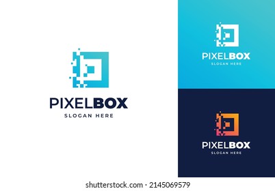 Pixel Box Data Tech Shipping Storage Space Connect Vector Logo Design, Digital Media Mosaic Square Logo Design