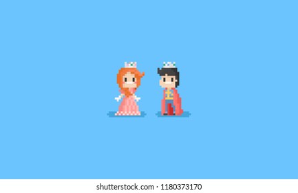 Pixel boy and girl in Prince and Princess costume.8bit character illustration.