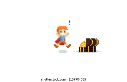 Pixel boy with red cover foud the treasure.8bit character.