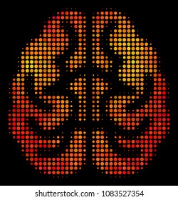 Pixel brain icon. Bright pictogram in hot color tones on a black background. Vector halftone pattern of brain pictogram formed from circle points.