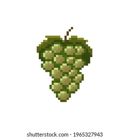 Rama de pixel de uvas verdes con hojas. Uvas de arte de píxeles vectoriales. Icono de uvas de fruta de 8 bits estilo juego retro. Icono aislado de fruta de píxeles.
