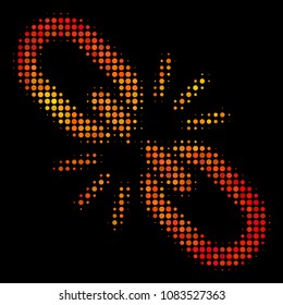 Pixel break chain link icon. Bright pictogram in orange color shades on a black background. Vector halftone concept of break chain link symbol combined from spheric points.