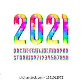 Pixel bright font, trendy modern alphabet sans serif, vibrant colorful letters and numbers for your logo, calendar, flyer, poster, banner, vector illustration 10eps.