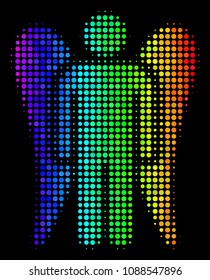 Pixel bright halftone angel icon in spectral color shades with horizontal gradient on a black background. Bright vector composition of angel pictogram constructed with round pixels.