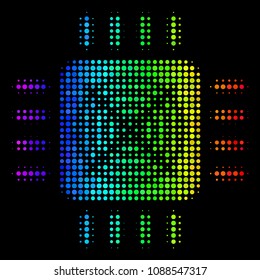 Pixel bright halftone ASIC processor icon in rainbow color shades with horizontal gradient on a black background. Colorful vector collage of ASIC processor illustration composed from spheric pixels.