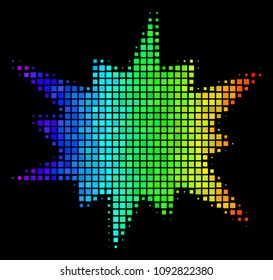 Pixel bright halftone bang icon drawn with spectral color tinges with horizontal gradient on a black background. Colored vector concept of bang illustration created from rectangular pixels.