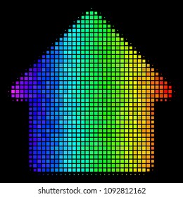 Pixel bright halftone cabin icon in rainbow color tinges with horizontal gradient on a black background. Color vector mosaic of cabin pictogram formed with rectangular points.