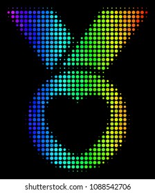 Pixel bright halftone care award icon in rainbow color shades with horizontal gradient on a black background. Multicolored vector concept of care award symbol designed with round items.
