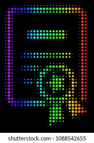 Pixel bright halftone certificate icon drawn with spectrum color shades with horizontal gradient on a black background. Multicolored vector pattern of certificate illustration made with round cells.