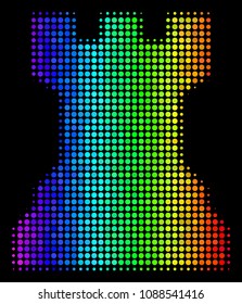 Pixel bright halftone chess tower icon using spectrum color hues with horizontal gradient on a black background. Colored vector pattern of chess tower pictogram designed of spheric particles.