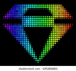 Pixel bright halftone diamond icon in rainbow color tints with horizontal gradient on a black background. Colored vector concept of diamond illustration combined from rectangle elements.
