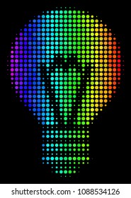 Pixel bright halftone electric bulb icon in rainbow color variations with horizontal gradient on a black background.