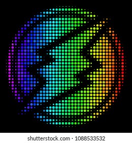 Pixel bright halftone electroneum icon using spectrum color shades with horizontal gradient on a black background. Color vector collage of electroneum symbol done with circle items.