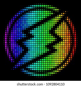 Pixel bright halftone electroneum icon using spectrum color variations with horizontal gradient on a black background.