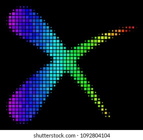 Pixel bright halftone erase icon using spectrum color variations with horizontal gradient on a black background. Bright vector composition of erase pictogram done with rectangular dots.