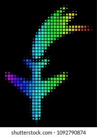 Pixel bright halftone falling airplane icon in rainbow color hues with horizontal gradient on a black background. Colorful vector mosaic of falling airplane symbol composed from rectangle points.