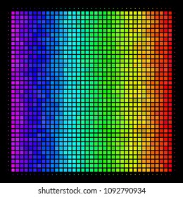 Pixel bright halftone filled square icon in rainbow color tones with horizontal gradient on a black background. Bright vector mosaic of filled square illustration shaped with square points.