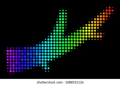 Pixel bright halftone firewood icon drawn with spectrum color tones with horizontal gradient on a black background. Colorful vector collage of firewood pictogram combined with circle dots.