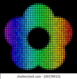 Pixel bright halftone flower icon using rainbow color hues with horizontal gradient on a black background. Bright vector composition of flower pictogram constructed from rectangle cells.