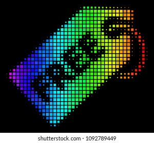Pixel bright halftone free tag icon using rainbow color tints with horizontal gradient on a black background. Colorful vector mosaic of free tag pictogram designed from rectangle dots.