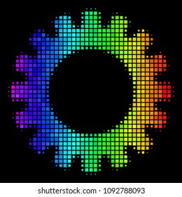 Pixel bright halftone gear icon using rainbow color hues with horizontal gradient on a black background. Multicolored vector composition of gear illustration designed with square cells.