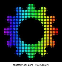 Pixel bright halftone gear icon using spectrum color variations with horizontal gradient on a black background. Bright vector pattern of gear pictogram formed with square pixels.