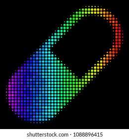 Pixel bright halftone medication granule icon using spectral color hues with horizontal gradient on a black background.