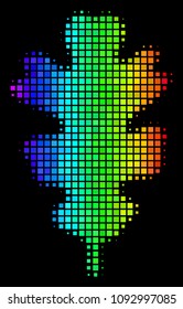 Pixel bright halftone oak leaf icon using spectral color variations with horizontal gradient on a black background. Bright vector composition of oak leaf illustration created from rectangle cells.