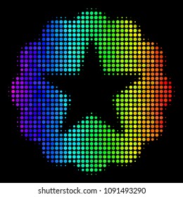Pixel bright halftone quality icon in spectral color hues with horizontal gradient on a black background. Multicolored vector collage of quality illustration done from circle particles.