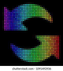 Pixel bright halftone refresh icon drawn with spectral color tones with horizontal gradient on a black background. Colored vector composition of refresh pictogram made from spheric items.