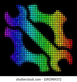 Pixel bright halftone service tools icon drawn with spectral color tints with horizontal gradient on a black background. Colorful vector collage of service tools pictogram done with square points.