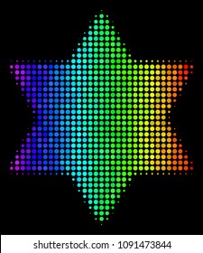 Pixel bright halftone six pointed star icon drawn with rainbow color tinges with horizontal gradient on a black background.