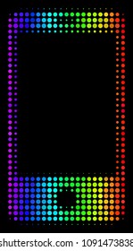 Pixel bright halftone smartphone icon drawn with spectral color hues with horizontal gradient on a black background. Colored vector pattern of smartphone symbol done of spheric cells.