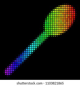 Pixel bright halftone spoon icon drawn with spectral color variations with horizontal gradient on a black background. Multicolored vector pattern of spoon symbol composed from square points.