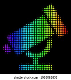 Pixel bright halftone telescope icon in rainbow color tints with horizontal gradient on a black background. Bright vector mosaic of telescope pictogram done from round pixels.