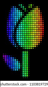 Pixel bright halftone tulip icon in spectrum color tinges with horizontal gradient on a black background. Color vector composition of tulip pictogram combined with rectangular particles.